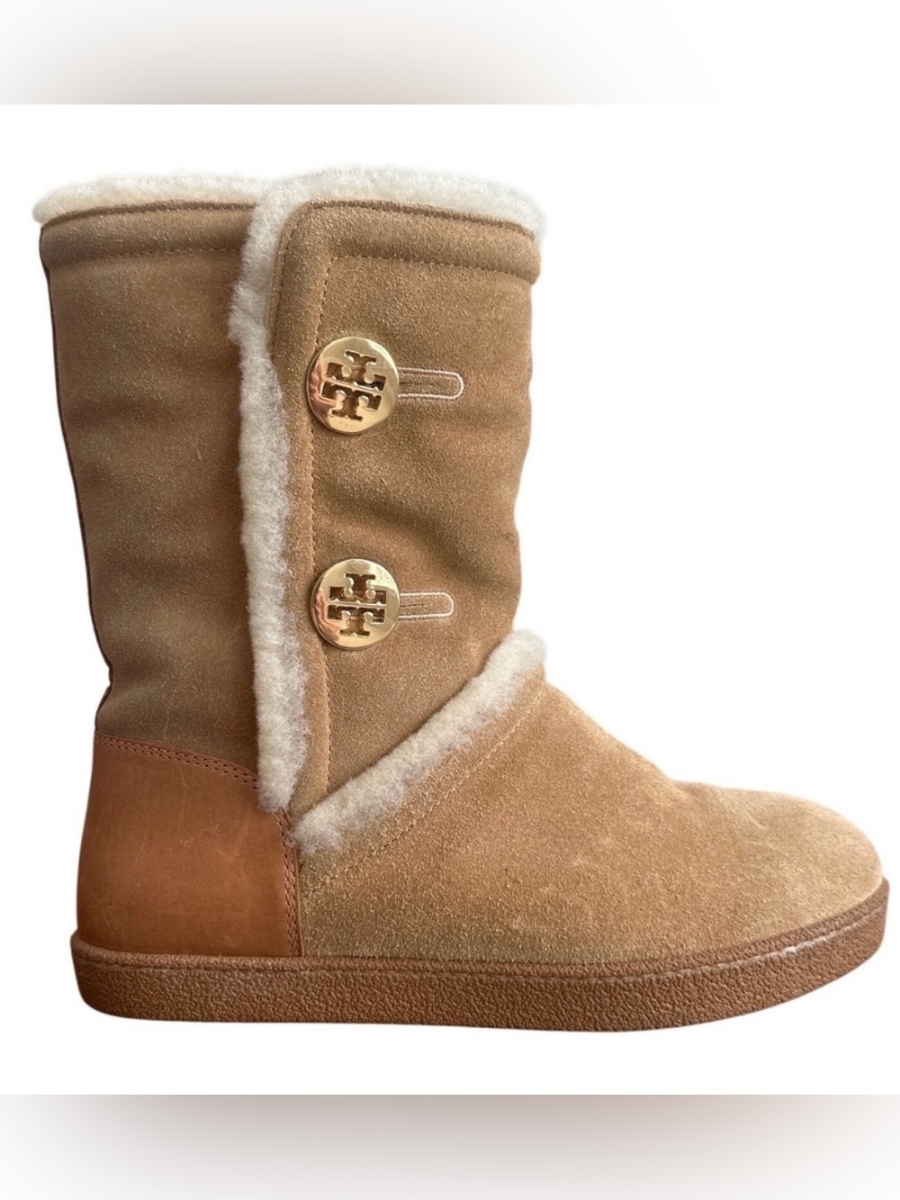 Tory Burch Ginger Suede Shearling Boots 8 Gold Double T Button Winter